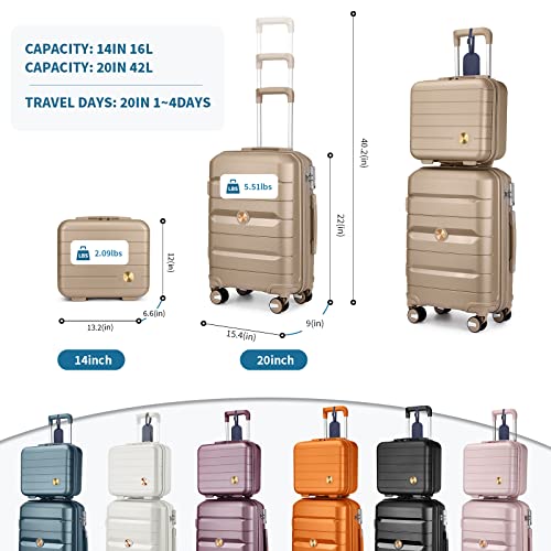20" Carry On Luggage and 14" Mini Cosmetic Cases Travel Set Lightweight Polypropylene Hardside Suitcase with TSA Lock YKK Zipper Spinner Wheels (2 Piece Set, Ice Blue) Y27825