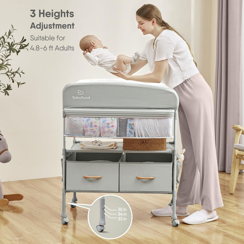 Beige Foldable Baby Changing Table with 2 Storage Baskets D62856