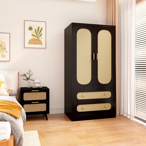2 Door Rattan Wood Wardrobe with 2 Drawers & Hanging Rail (Black) Y945946