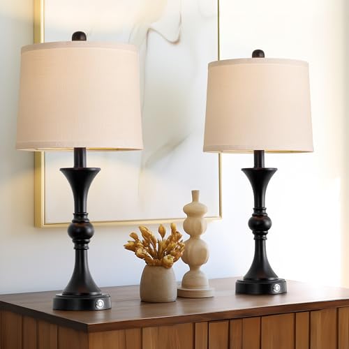 Black Fabric Drum Shade Table Lamps Set of 2 J266