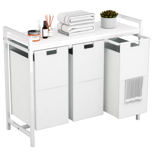 White 3 Section Laundry Hamper with 3 Removable Bags Q54552