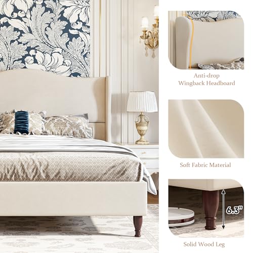 Beige King Size Upholstered Platform Bed with Tall Headboard P3078