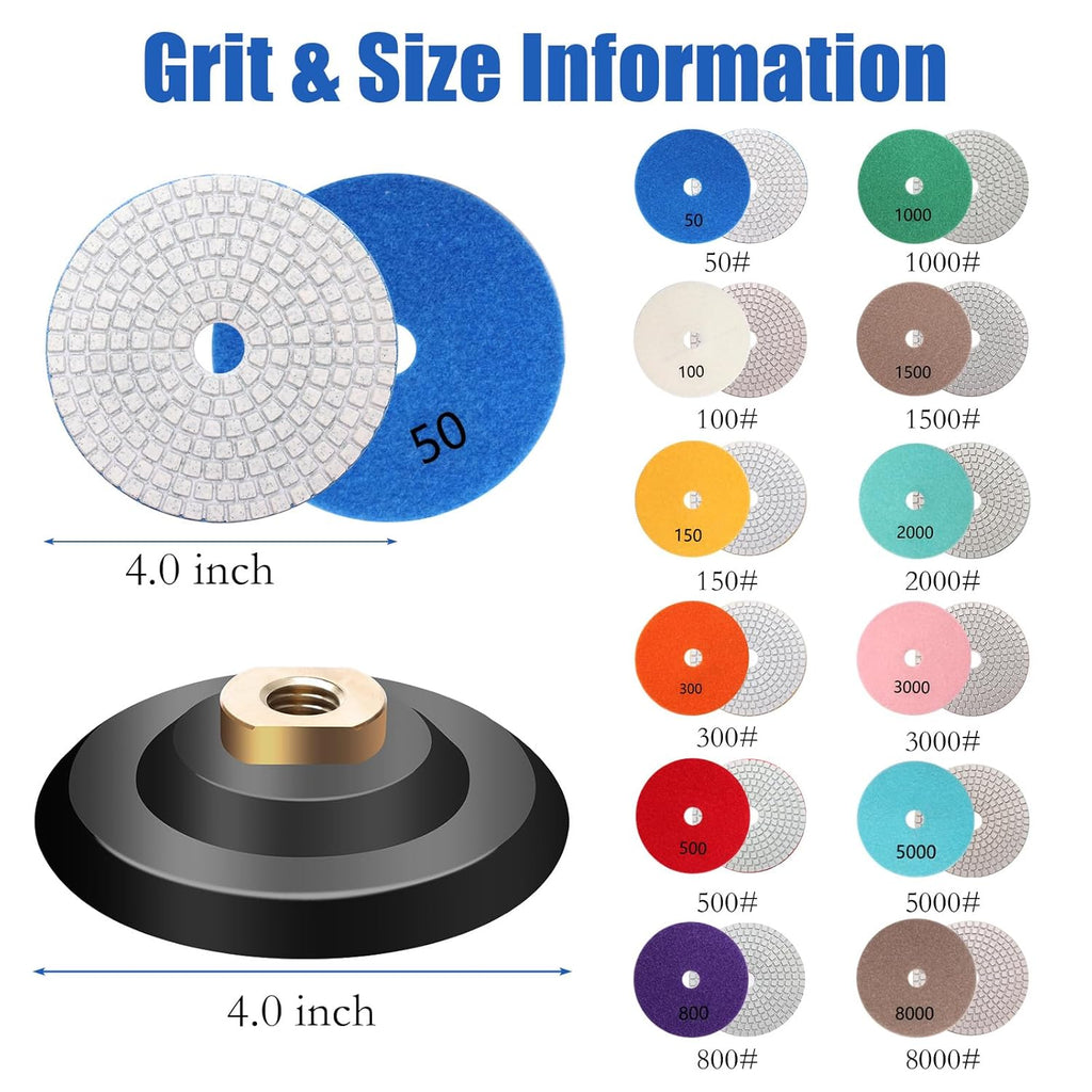 12+1 Pack 4 Inch Diamond Polishing Pads Wet/Dry (50-8000 Grit) H15584