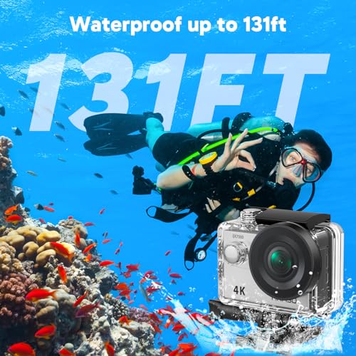 4K30FPS 20MP WiFi Action Camera with EIS Ultra HD Underwater Camera 131FT Waterproof Camera Remote Control 4X Zoom Support External Microphone Silver E69091