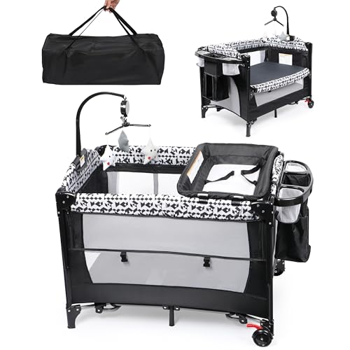 5-in-1 Pack and Play Baby Bassinet Bedside Sleeper with Diaper Changer Storage Bag Music Box Portable Baby Crib Carry Bag Foldable Playard Bassinet K851559