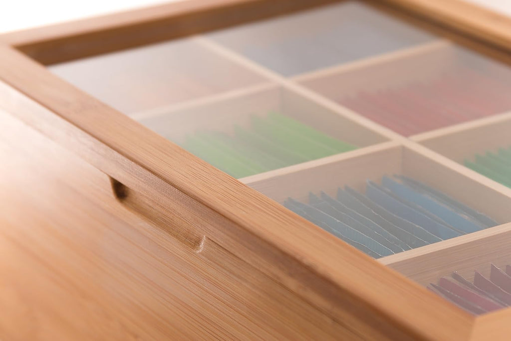 100% Bamboo Tea Box Storage Organizer, 8 Adjustable Compartments, Natural Wooden Finish A808
