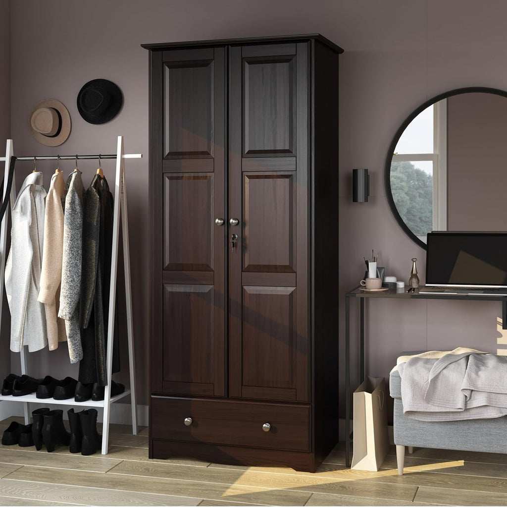 100% Solid Wood Wardrobe Armoire Mocha Stained S4878
