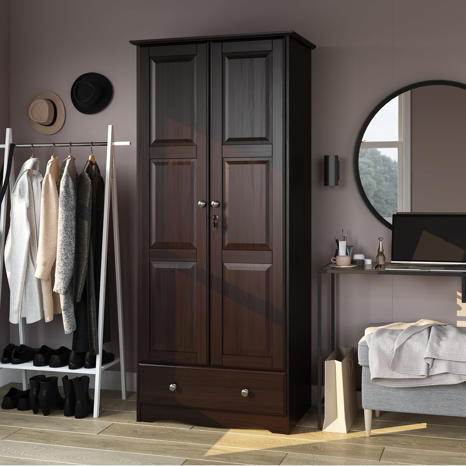 100% Solid Wood Wardrobe Armoire Mocha Stained S4878