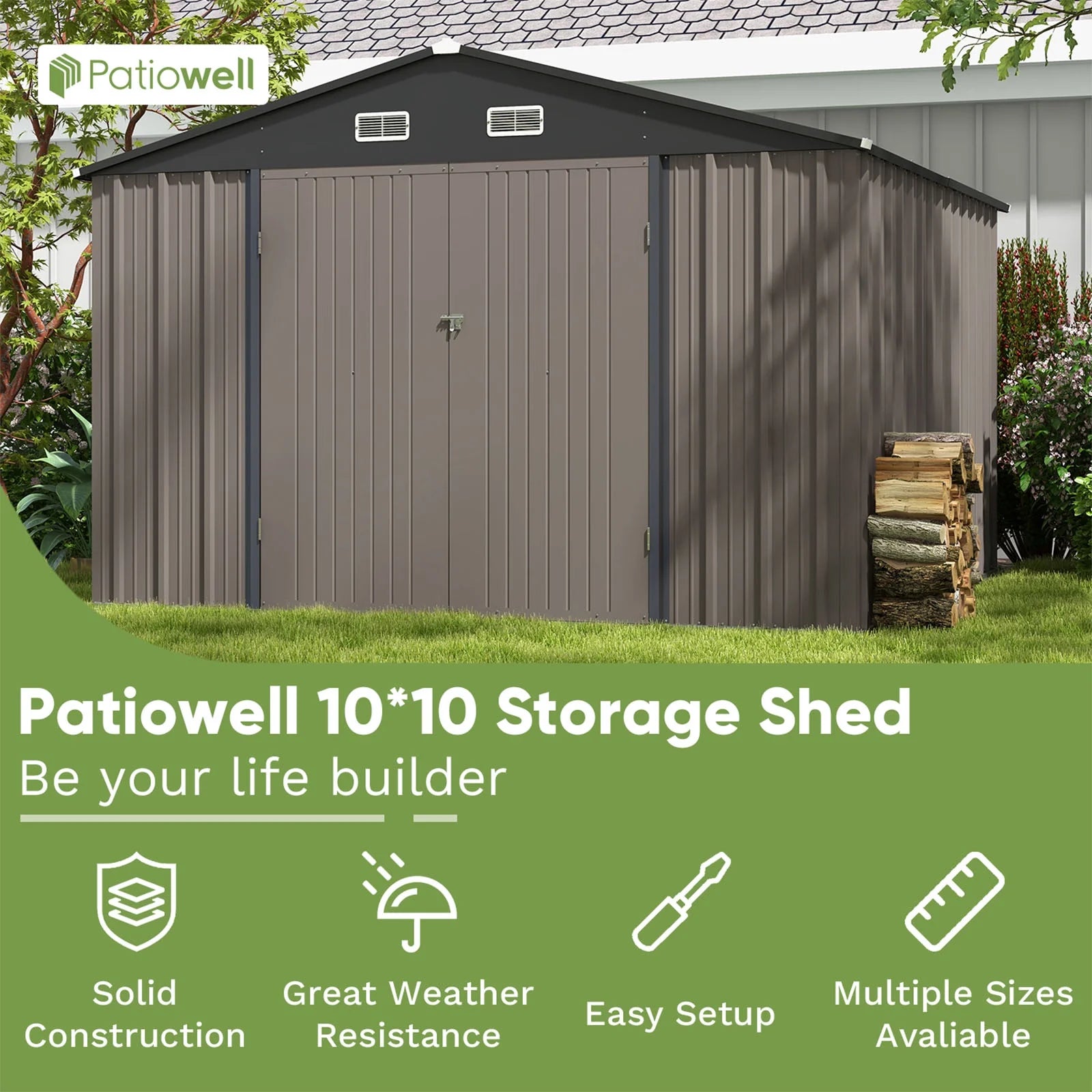 10 x 10 ft Outdoor Storage Metal Shed, Brown G85295