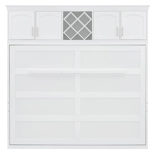 White Queen Size Murphy Wall Bed with Top Cabinets & Wine Rack S66143