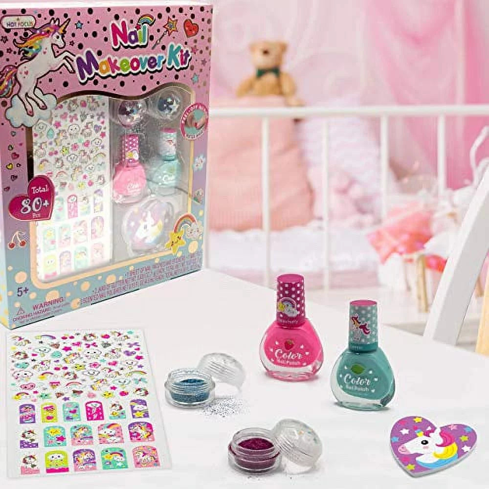 80PCS Scented Nail Polish, Pink and Blue Glitter, Unicorn Nail Stickers, Nail File, Non-Toxic Nail Art Kit I47979