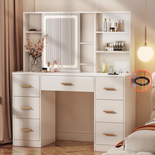 White 7 Drawer Vanity Desk with Mirror and Lights Z7077
