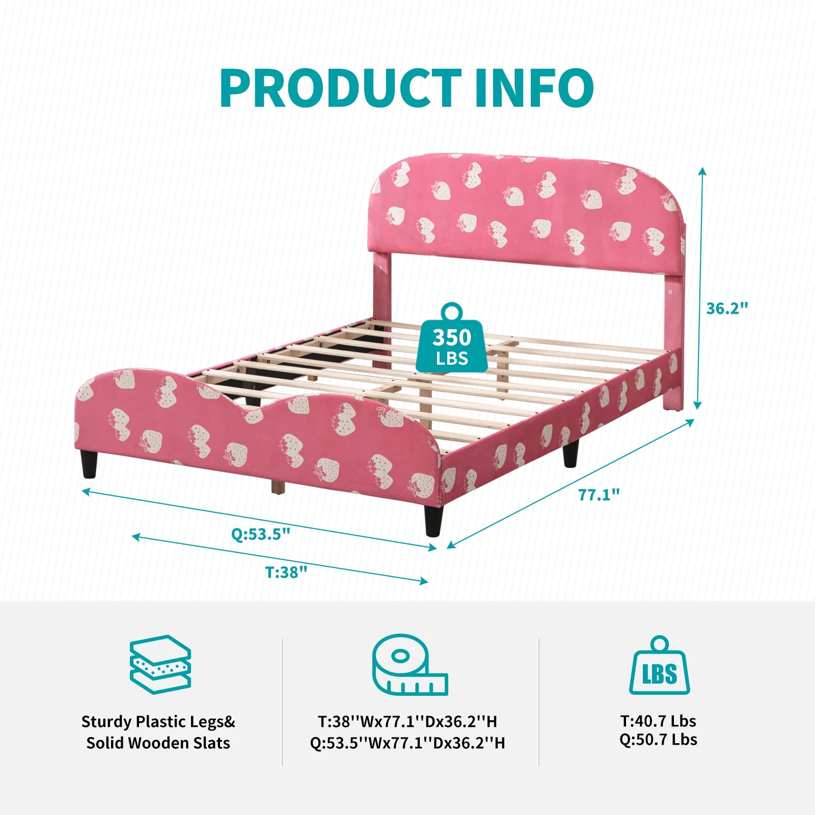 Pink Kids Twin Bed Frame with Upholstered Headboard and Footboard J9138