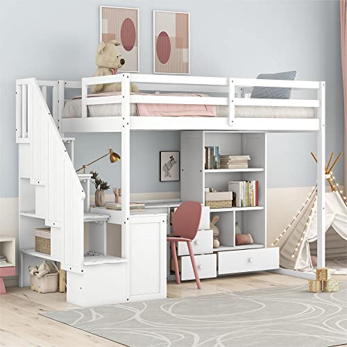 Twin Size Wood Loft Bed with Storage Stairs P64175