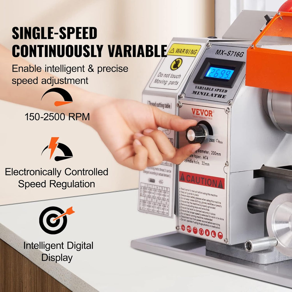 Mini Metal Lathe Machine, 7'' x 16'', 800W Precision Benchtop Power Metal Lathe S43644