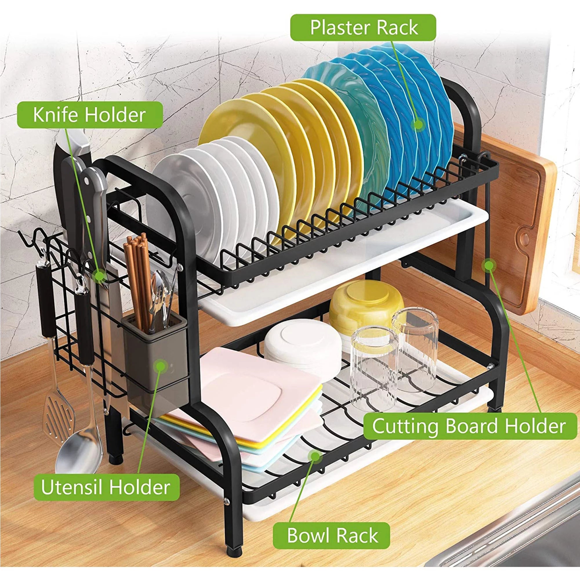 Adjustable 2-Tier Large Dish Drying Rack with Cutting Board Holder B458659
