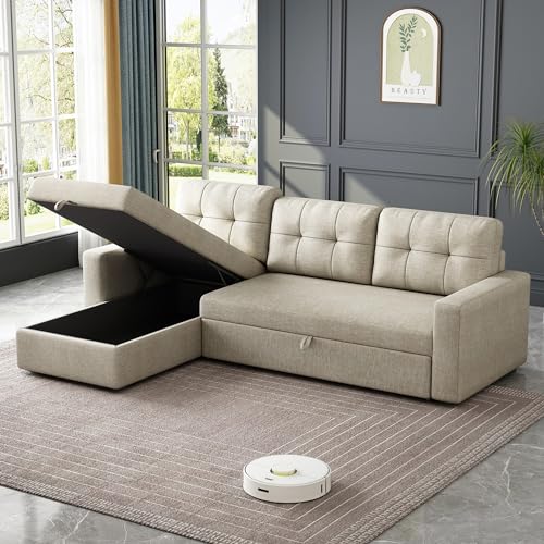 Beige L-Shape Sleeper Sectional Sofa with Pull-Out Bed D625469