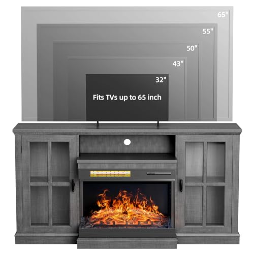 Gray Glass Fireplace TV Stand with Doors J70494