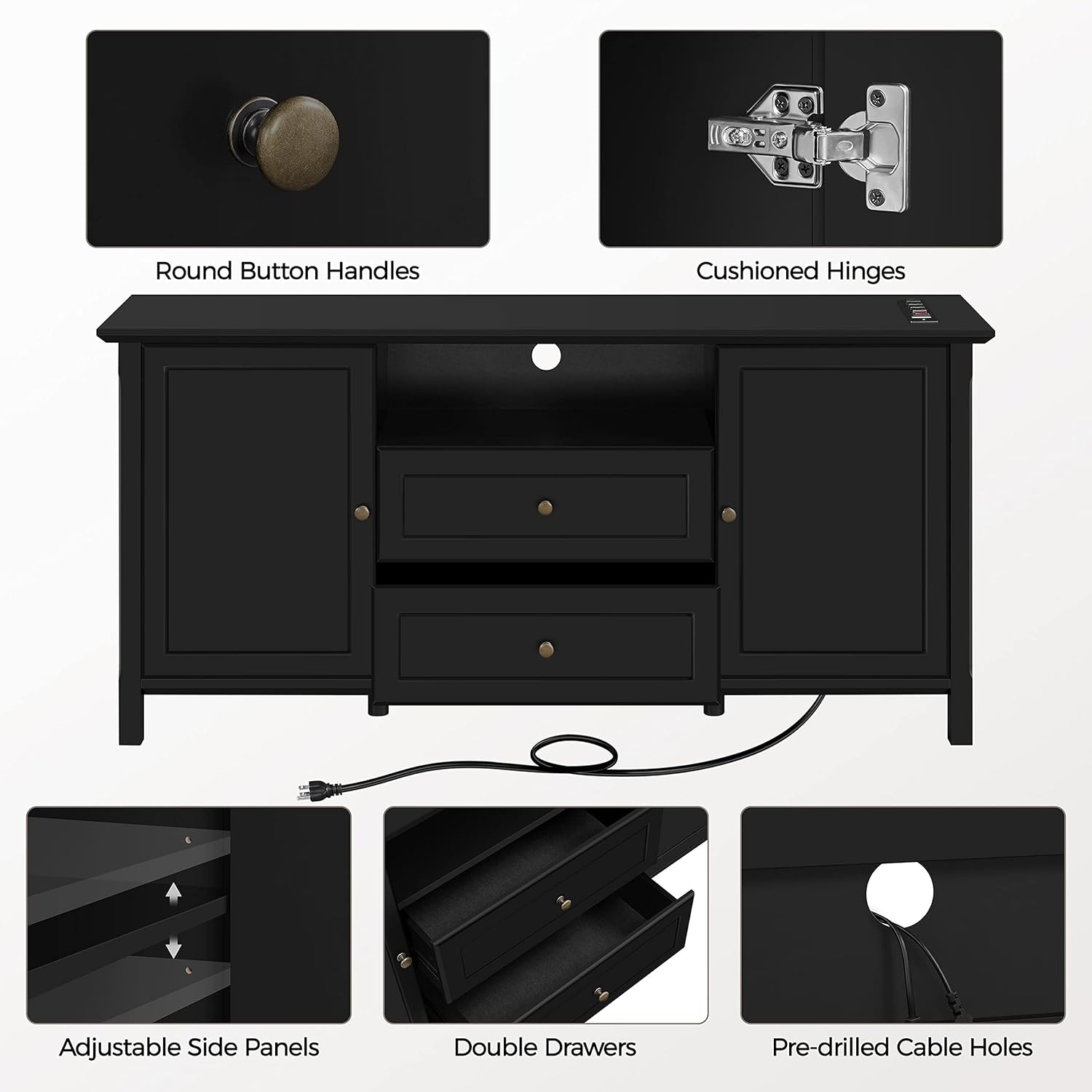 Black Media Entertainment Center with Power Outlet & Storage Cabinets P9837