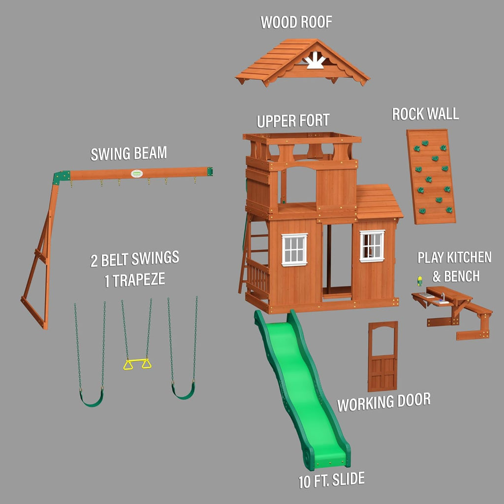All Cedar Wooden Swing Set with 2 Belt Swings, Trapeze Bar, 10 ft Wave Slide, Playhouse, Play Kitchen, Rock Wall, Bench K605