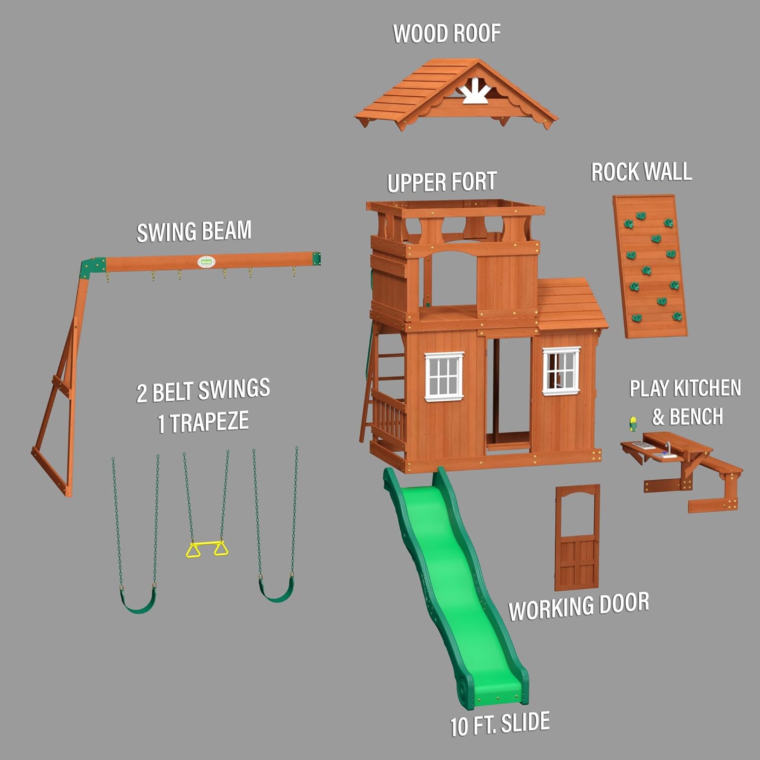 All Cedar Wooden Swing Set with 2 Belt Swings, Trapeze Bar, 10 ft Wave Slide, Playhouse, Play Kitchen, Rock Wall, Bench K605