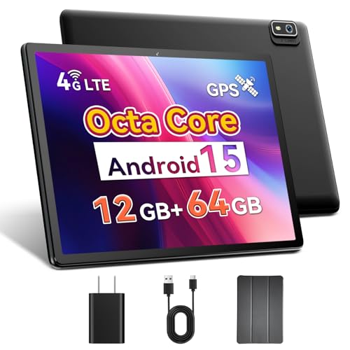 Android 15 Tablet with SIM Card Slot, 4G Cellular, Octa-Core, 12GB+64GB, 2TB Expandable, Dual Cameras, WiFi, BT5.0, GPS, Protective Case X744626