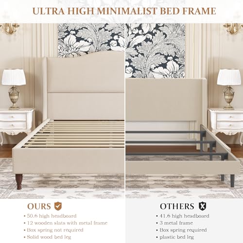 Beige King Size Upholstered Platform Bed with Tall Headboard P3078