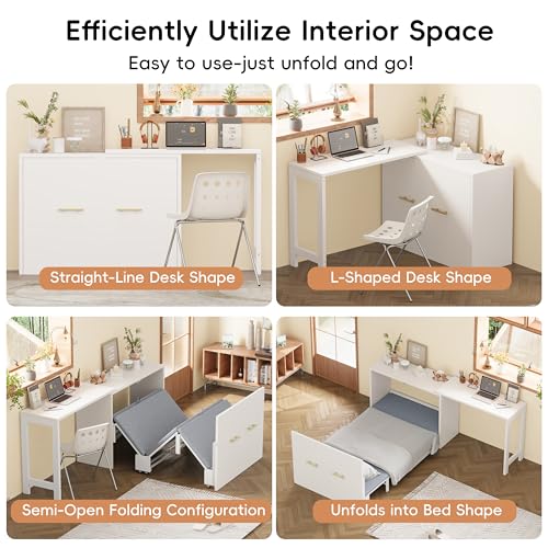White Twin Folding Murphy Bed with Mattresses and Desk H653