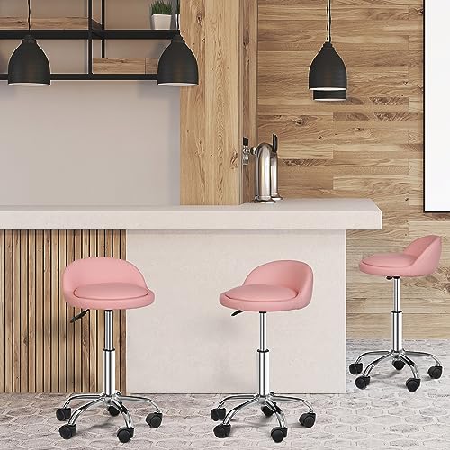 Pink Adjustable Height Hydraulic Rolling Swivel Stool with Back Rest W393