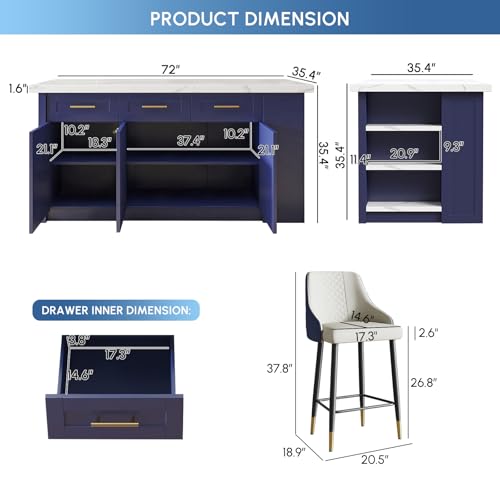 72'' White Kitchen Island with 3 Drawers K307131
