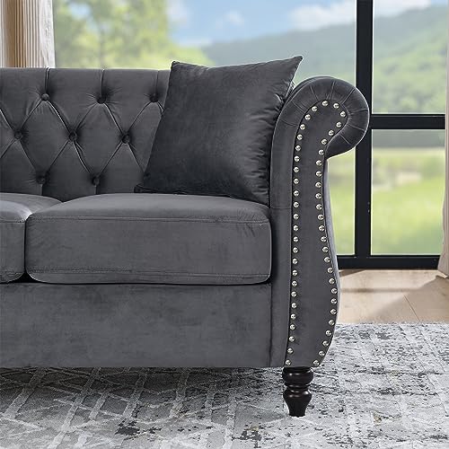 Grey Velvet 3 Seater Sofa with Pillows I52242