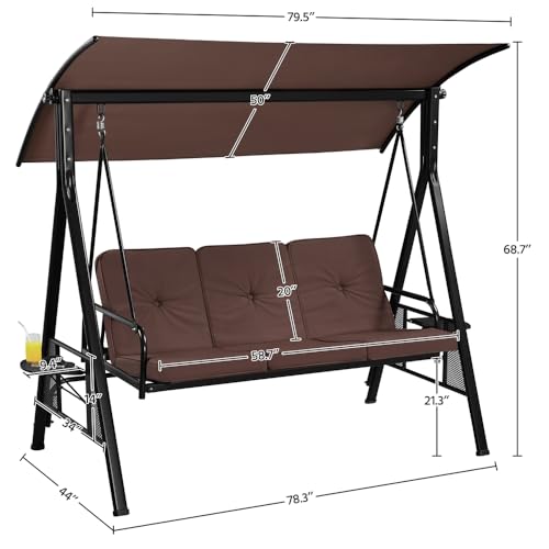 Dark Brown 3-Seat Outdoor Patio Swing with Sunshade D3316