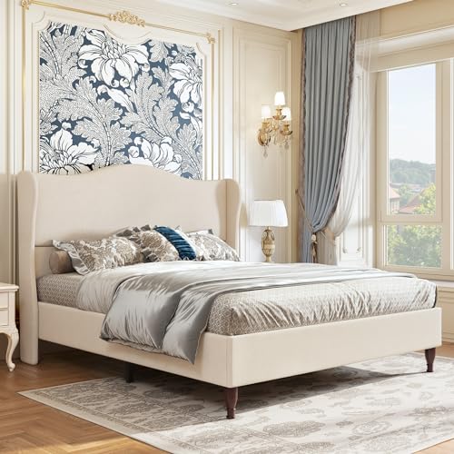 Beige King Size Upholstered Platform Bed with Tall Headboard P3078