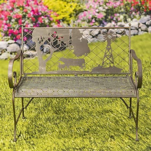 Green Iron Garden Bench with Blooming Tree Backrest O687