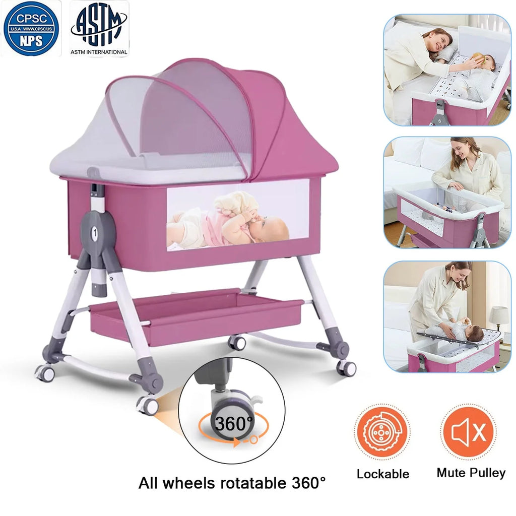 Pink 4 in 1 Infant Bedside Crib with Storage Basket I436