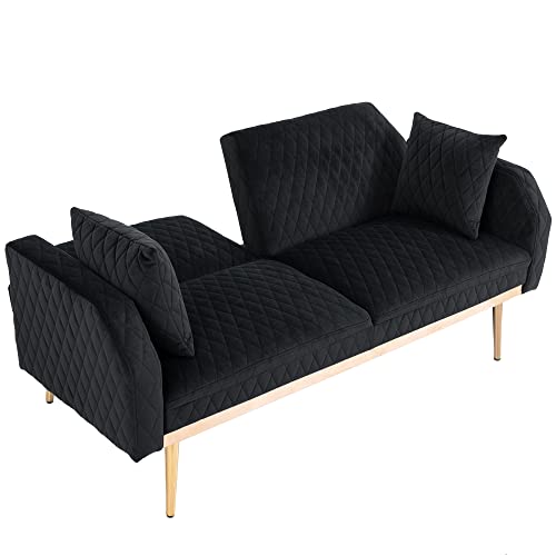 Black Velvet Convertible Sleeper Futon Sofa Bed with Metal Legs U66276