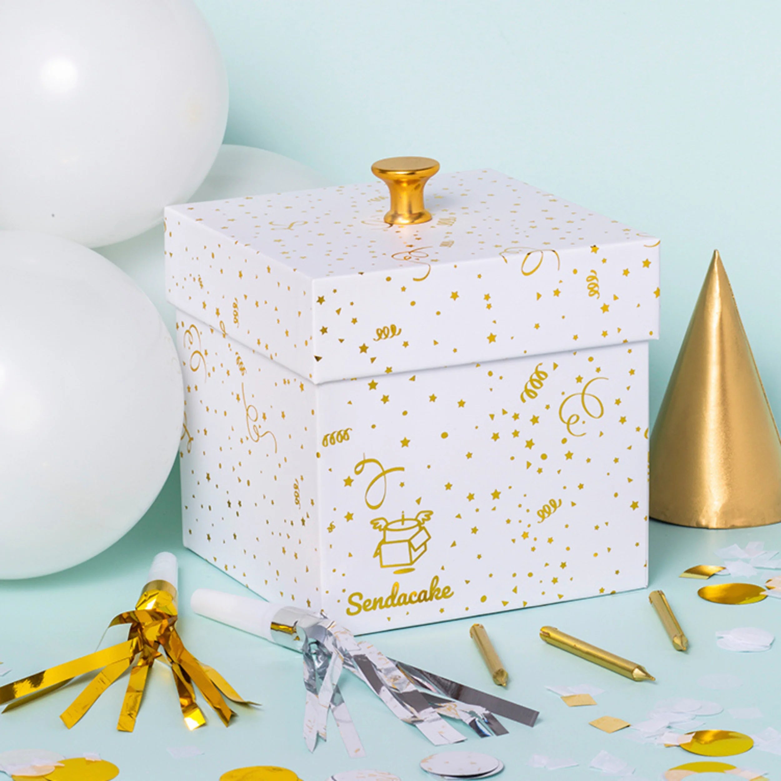 White & Gold Foil Celebration Explosion Flying Butterfly Surprise Cake & Flowers Gift Box Y6521