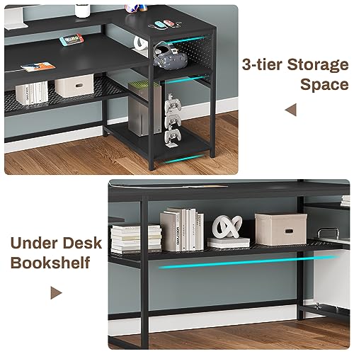 Grey L Shaped Desk with Power Outlets and LED Strip N3032
