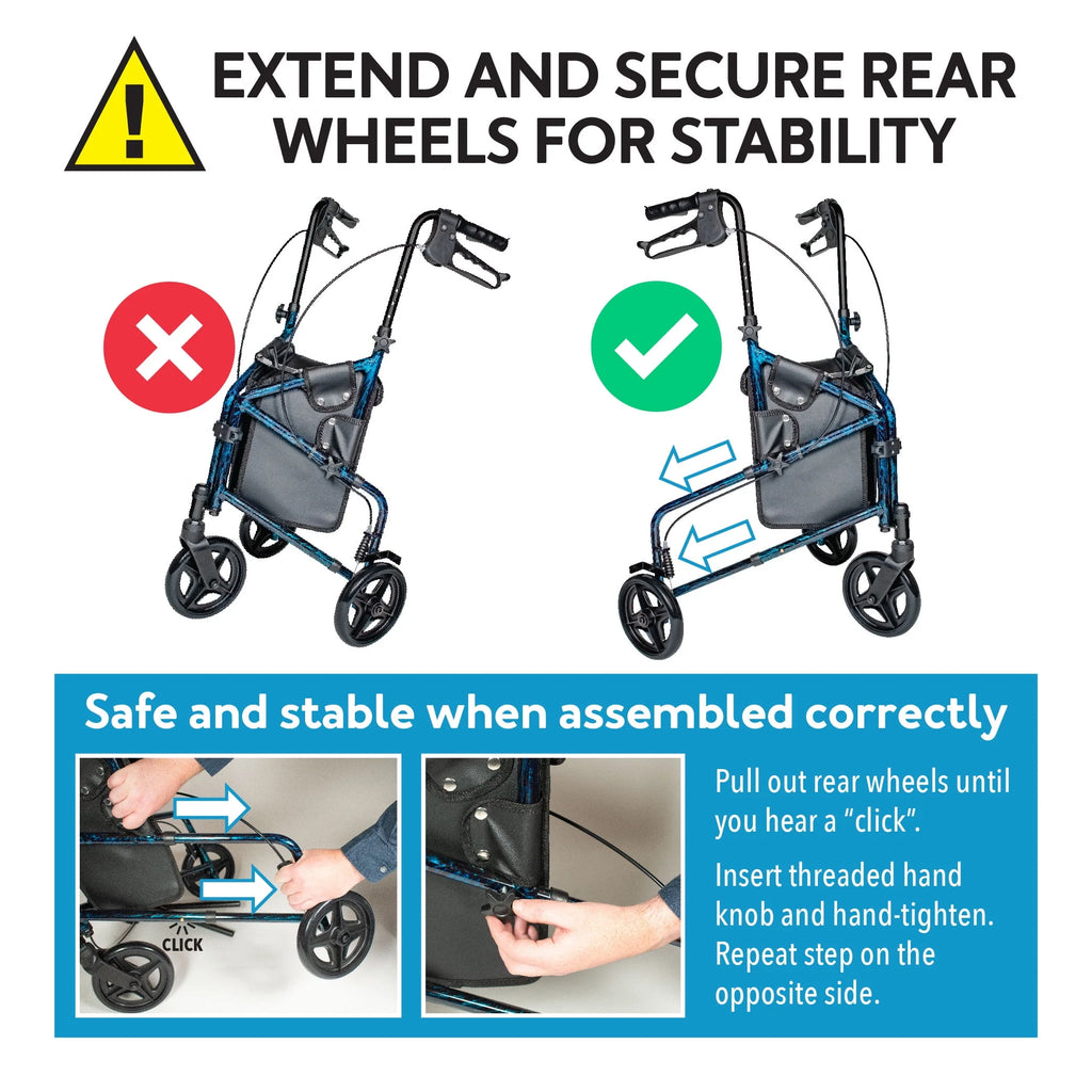 Aluminium 3 Wheel Rollator Walker, Height Adjustable Handles, 250 lb Capacity R929