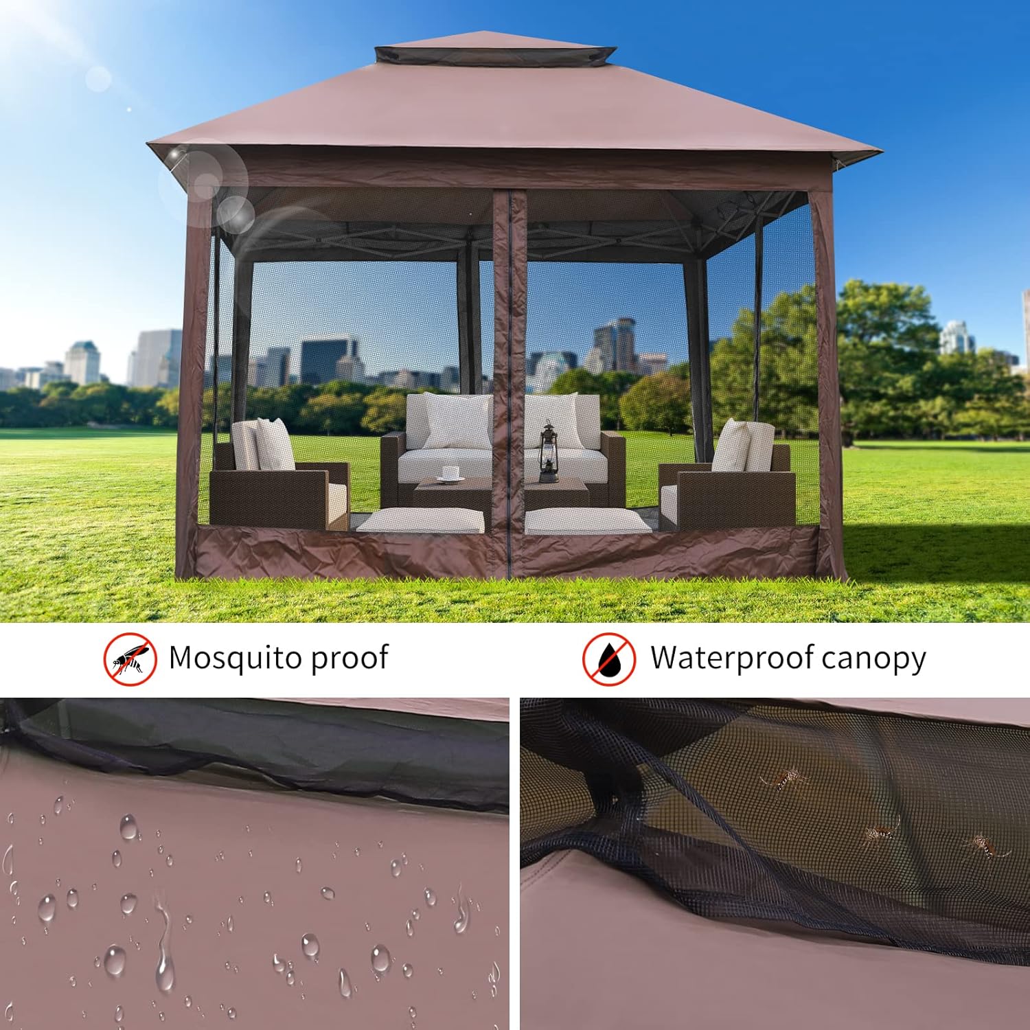 10'x10' Brown Pop Up Gazebo with Mosquito Netting Double Roof O311