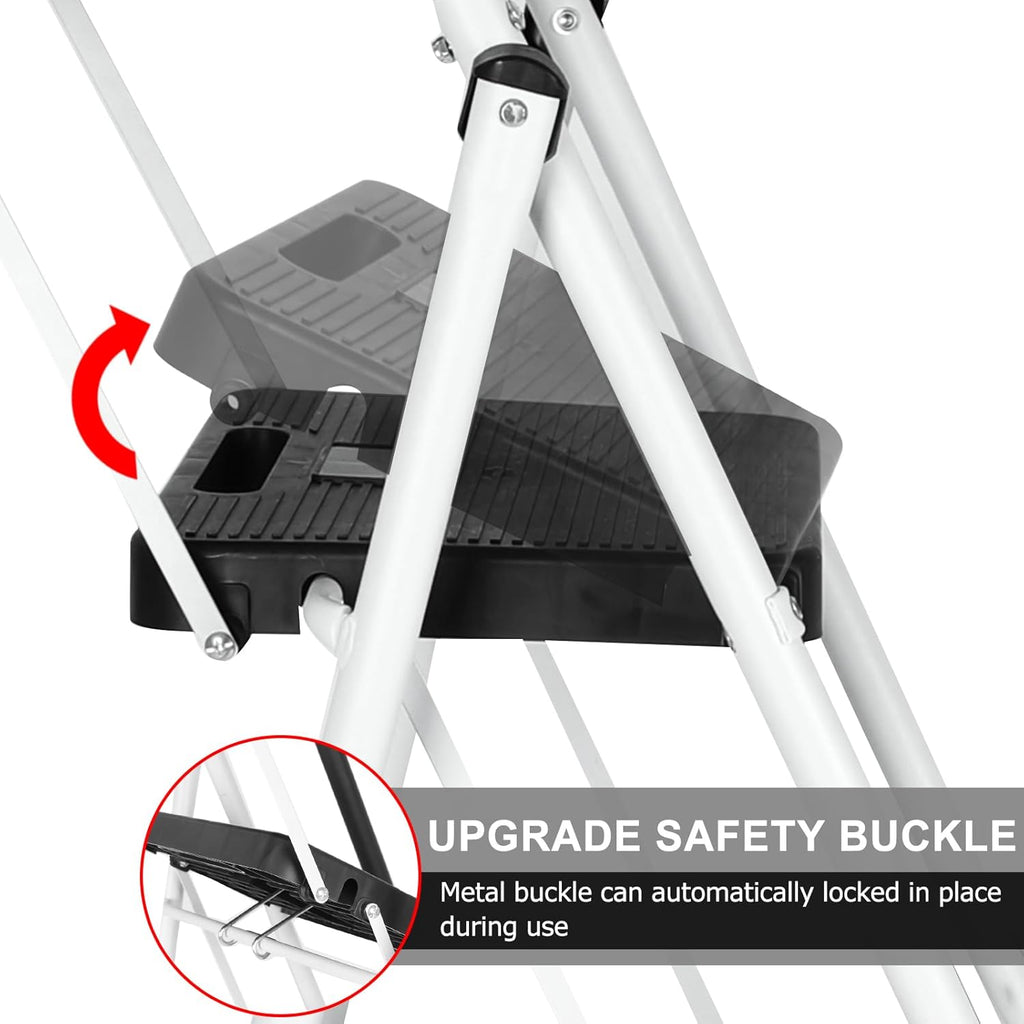 White 3 Step Ladder with Handrails & Attachable Tool Bag, 500 lbs Folding Step Stool K135