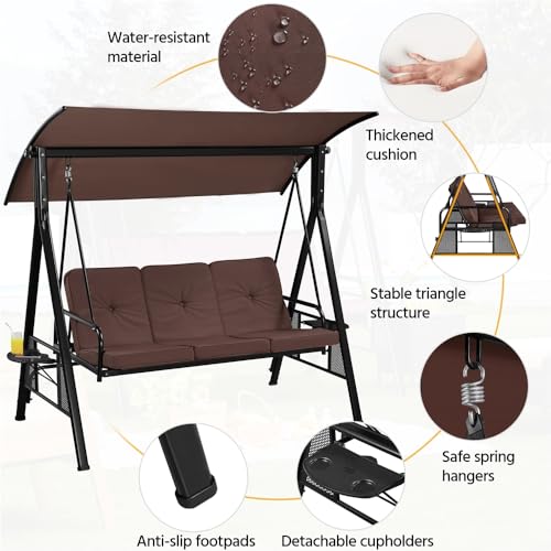 Dark Brown 3-Seat Outdoor Patio Swing with Sunshade D3316