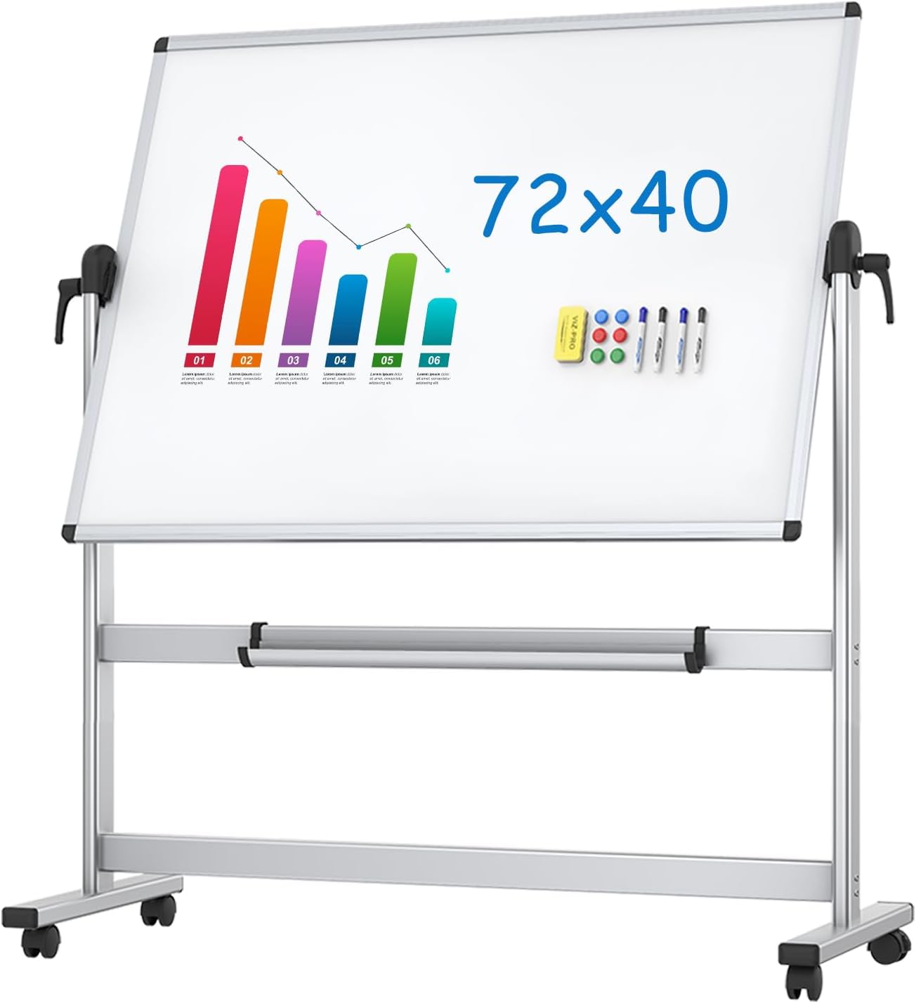 Double-Sided Magnetic Mobile Whiteboard 72 x 40 Inches with Aluminium Frame and Stand P47886