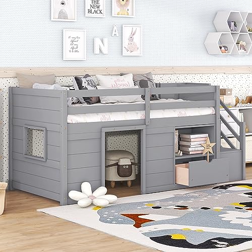 Twin Size Wooden Loft Bed with Stairs, Drawers and Shelves, Grey Z29103