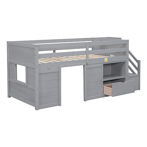 Twin Size Wooden Loft Bed with Stairs, Drawers and Shelves, Grey Z29103
