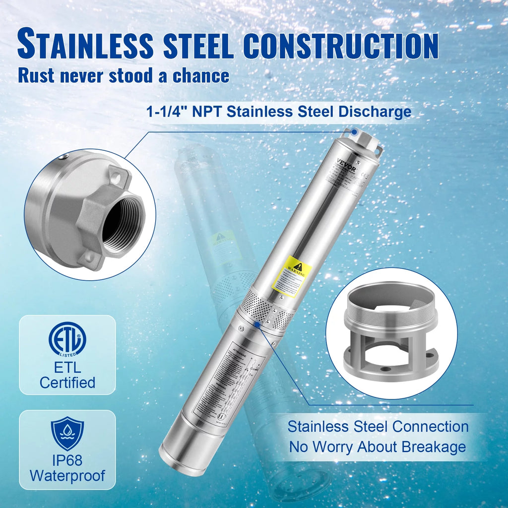 3HP 230V 37GPM 640 ft Head 4 inch Stainless Steel Submersible Pump Q4278