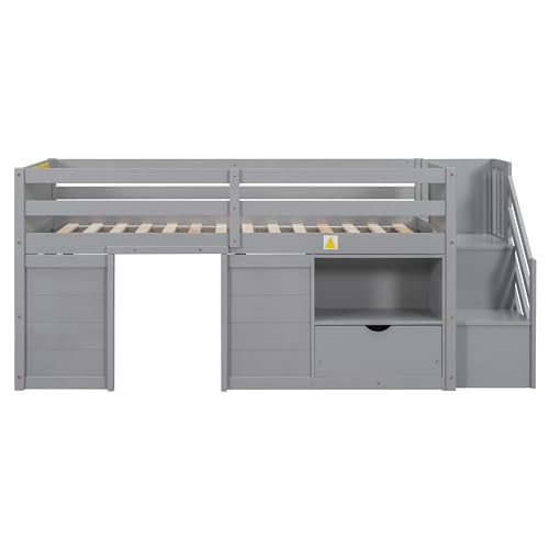 Twin Size Wooden Loft Bed with Stairs, Drawers and Shelves, Grey Z29103