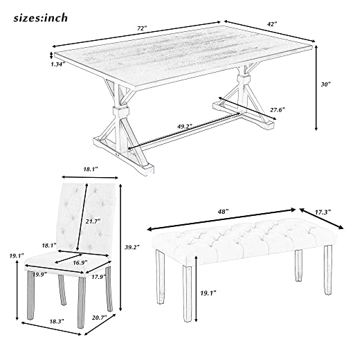 Wood Kitchen Dining Table Set for 6 Persons with Bench and Chairs, Natural Cherry Y863052