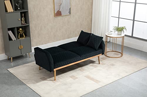 Black Velvet Convertible Sleeper Futon Sofa Bed with Metal Legs U66276