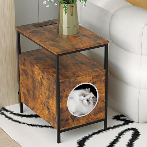 Wood Cat End-Table with Charging Station, 13" D x 18.9" W x 21.65" H C138